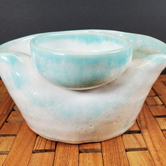 Handmade Studio Pottery Chip & Dip Bowl — Aqua Blue Glaze, Artisan Serveware - Picture 4 of 10